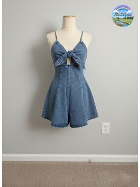 Vintage Bowknot Spaghetti Strap Denim Romper Wide Leg Jean Dress
